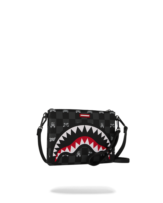 SPRAYGROUND® POUCHETTE GRAY PEEKING CHARACTER CHECK CROSSOVER CLUTCH