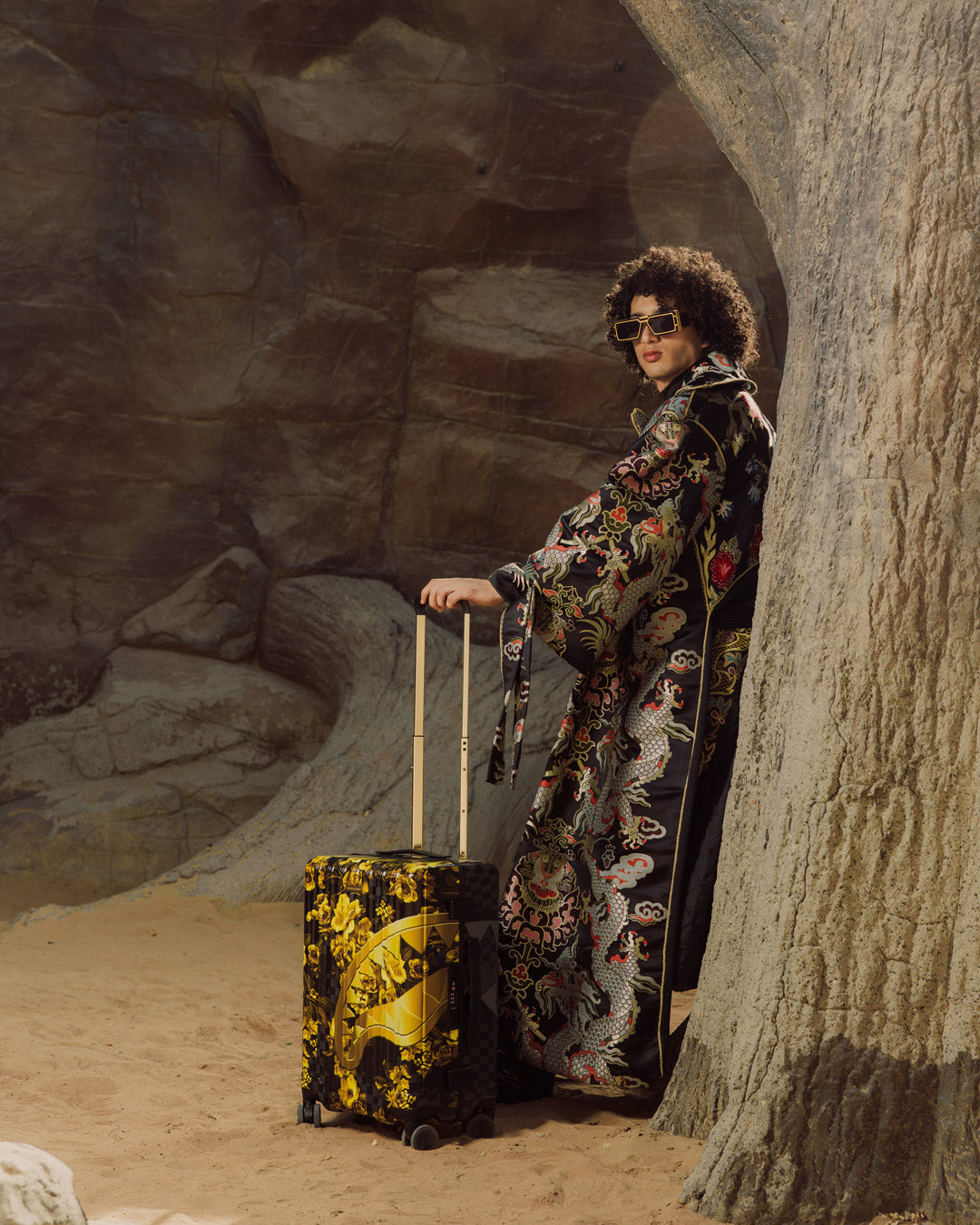 SPRAYGROUND® LUGGAGE GOLD FLORAL REMIX CARRY-ON LUGGAGE
