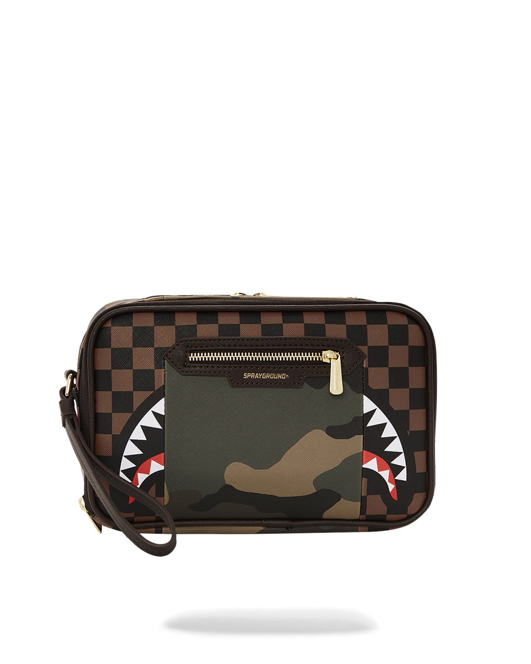 SPRAYGROUND® TOILETRY EXTERIOR GOLD ZIP POCKET SHARKS IN PARIS TOILETRY BRICKSIDE BAG