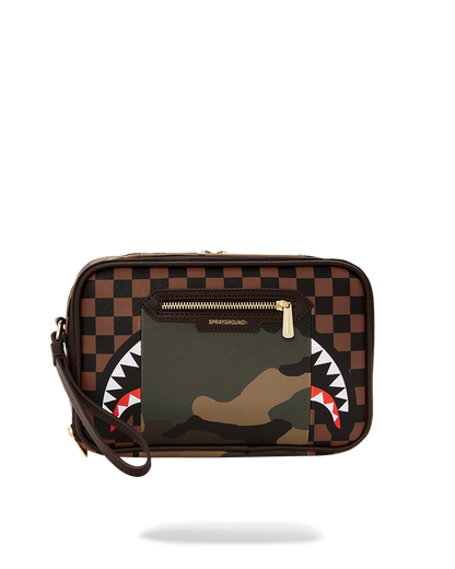 SPRAYGROUND® TOILETRY EXTERIOR GOLD ZIP POCKET SHARKS IN PARIS TOILETRY BRICKSIDE BAG