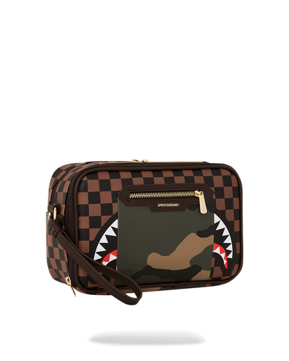 SPRAYGROUND® TOILETRY EXTERIOR GOLD ZIP POCKET SHARKS IN PARIS TOILETRY BRICKSIDE BAG