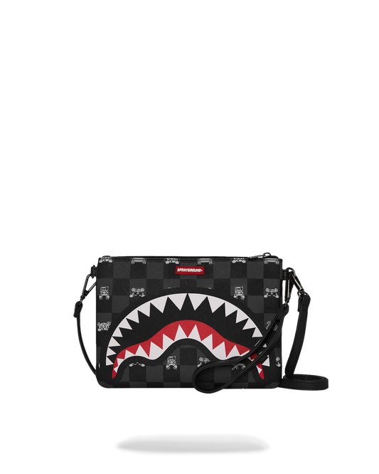 SPRAYGROUND® POUCHETTE GRAY PEEKING CHARACTER CHECK CROSSOVER CLUTCH