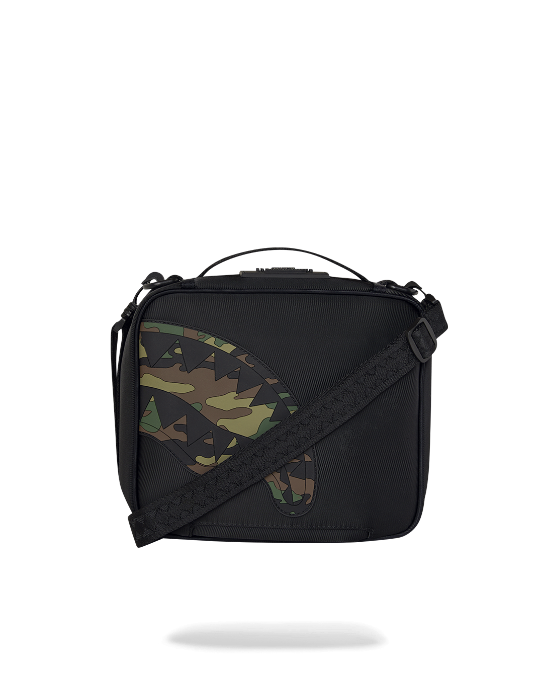 SPRAYGROUND® SNACK PACK SHARK CENTRAL BLACK NYLON CAMO EMBOSSED SHARK SNACKPACK