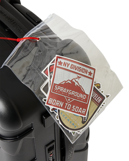 SPRAYGROUND® LUGGAGE CARGO PATCHES SHARKITECTURE CARRY-ON LUGGAGE BLACK WITH EXTRA STICKERS