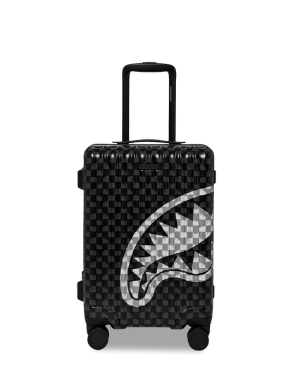 SPRAYGROUND® LUGGAGE BLACK AND WHITE DRIP CHECK SHARK CARRY-ON LUGGAGE