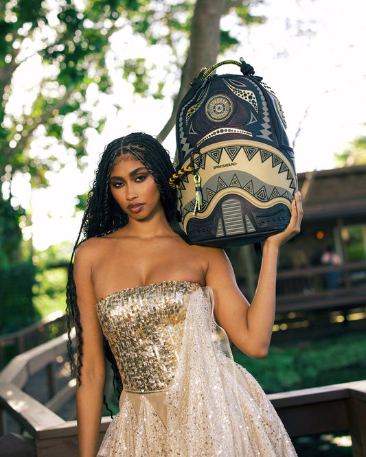 SPRAYGROUND® BACKPACK A.I. AFRICAN INTELLIGENCE SHARKS OF THE GOLD OCEAN BACKPACK - SANDFLOWER COLLAB