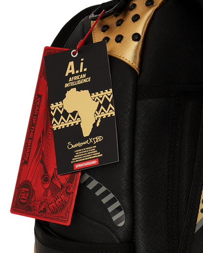 SPRAYGROUND® BACKPACK A.I. AFRICAN INTELLIGENCE SHARKS OF THE GOLD OCEAN BACKPACK - SANDFLOWER COLLAB